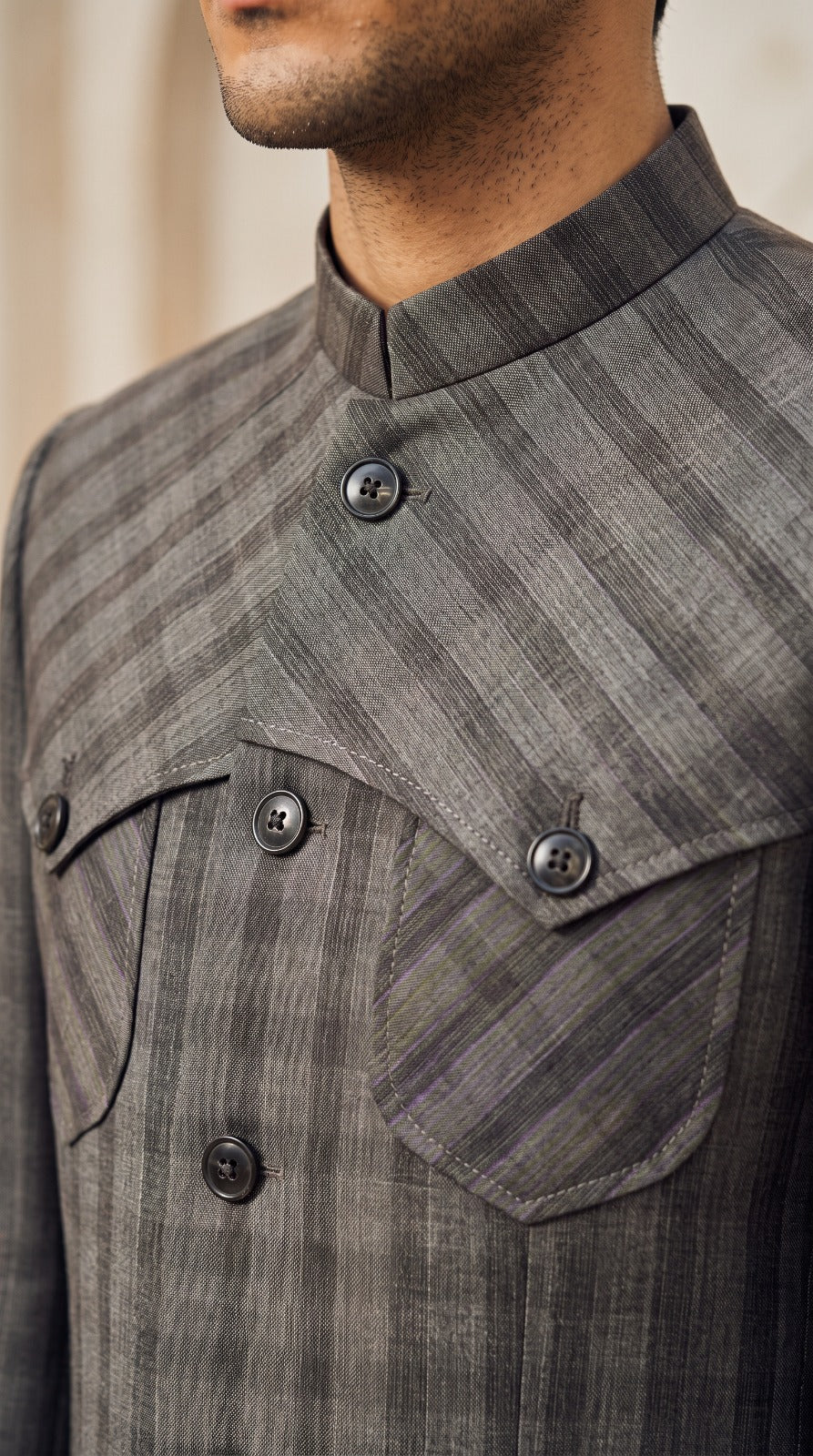Grey Plaid Mandarin Collar Safari Jacket