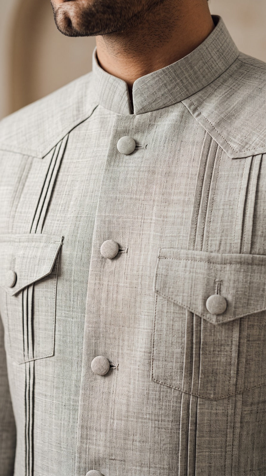 Light Grey Half-Sleeve Pintuck Safari Jacket