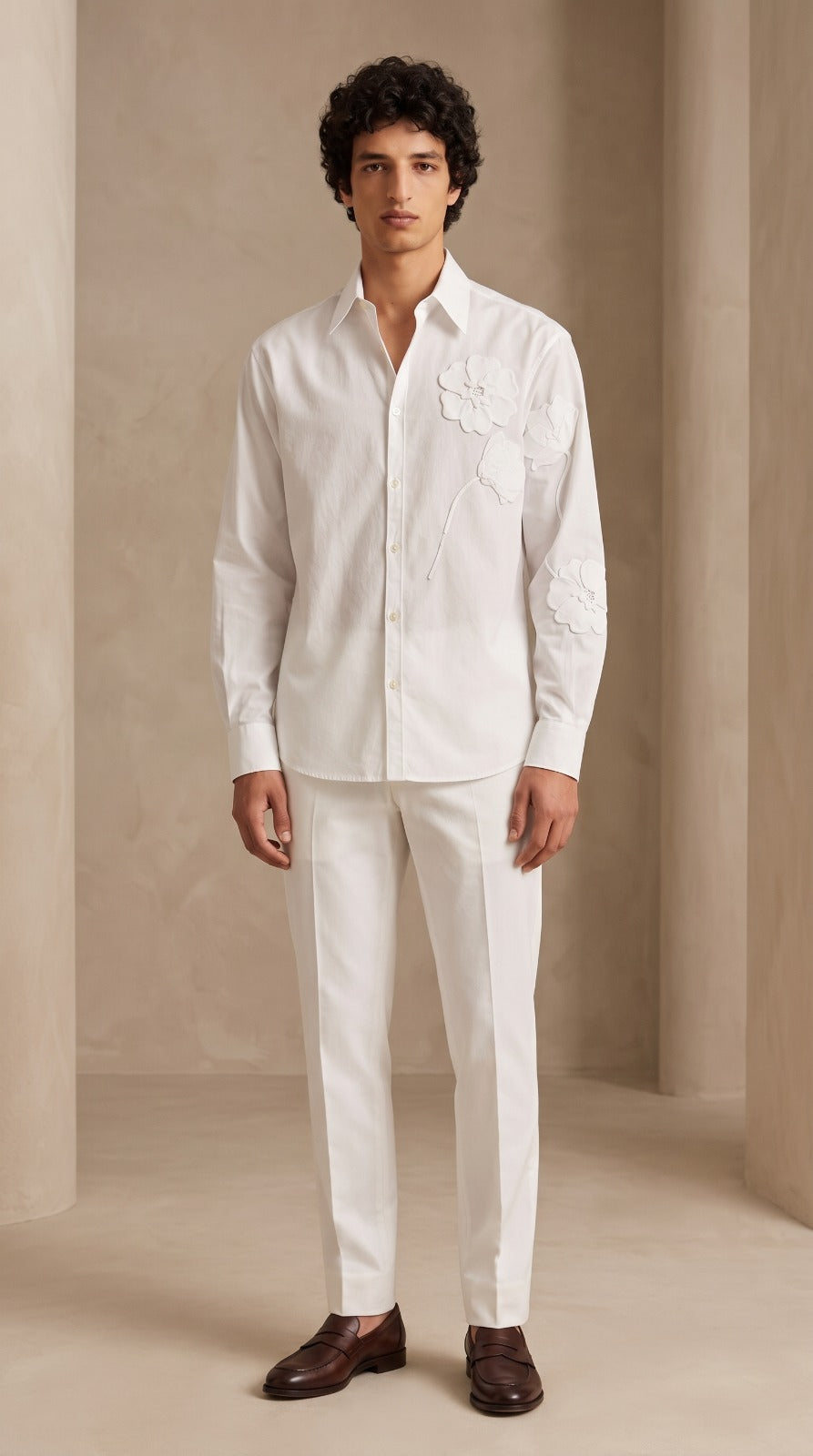 White 3D Floral Applique Cotton Shirt
