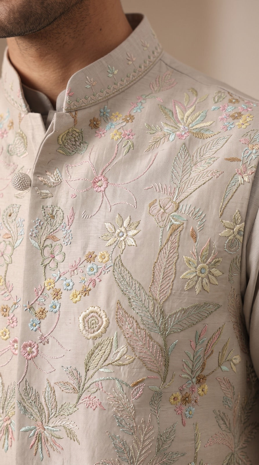 Grey Multicolour Floral Embroidered Waistcoat