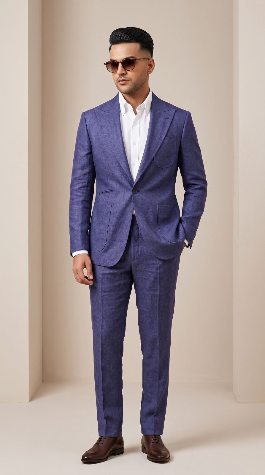 Blue Textured Linen Blazer with Patch Pocket