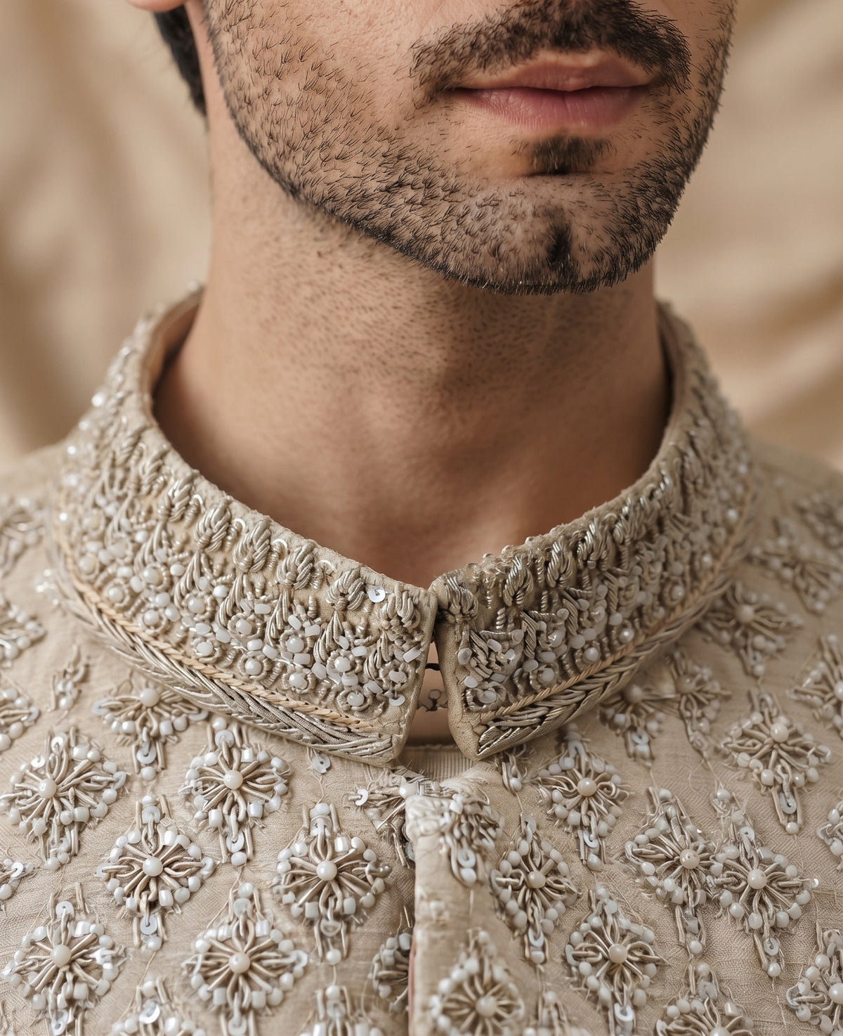 Ivory Quilted Embroidered Sherwani