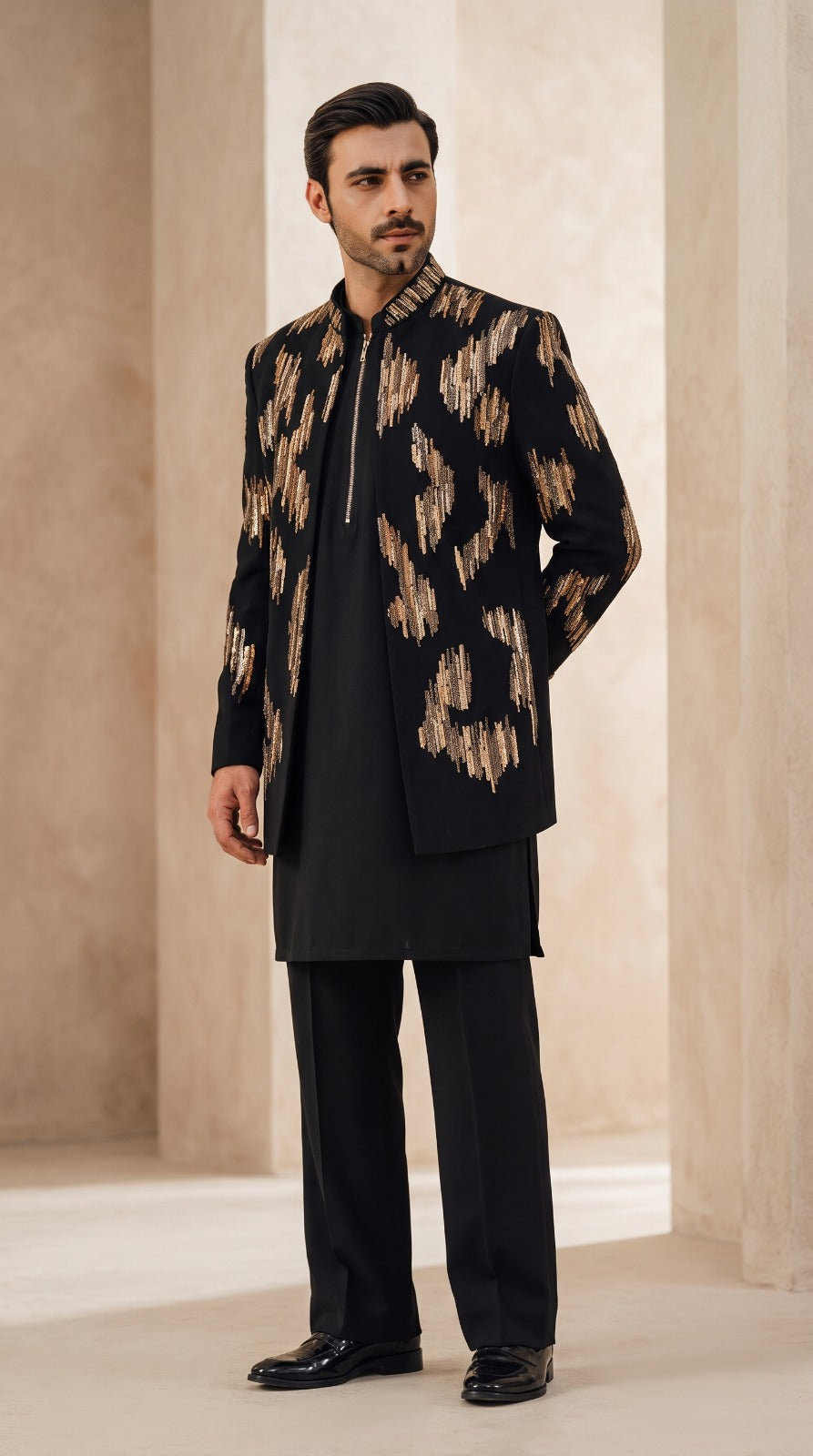 Midnight Sequin Prince Coat full length view