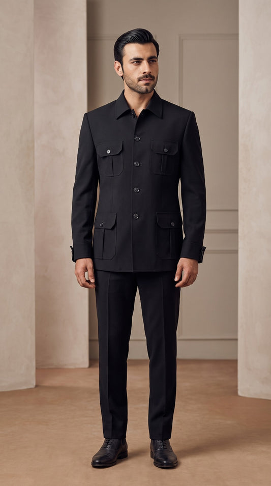 Black Four-Pocket Safari Jacket