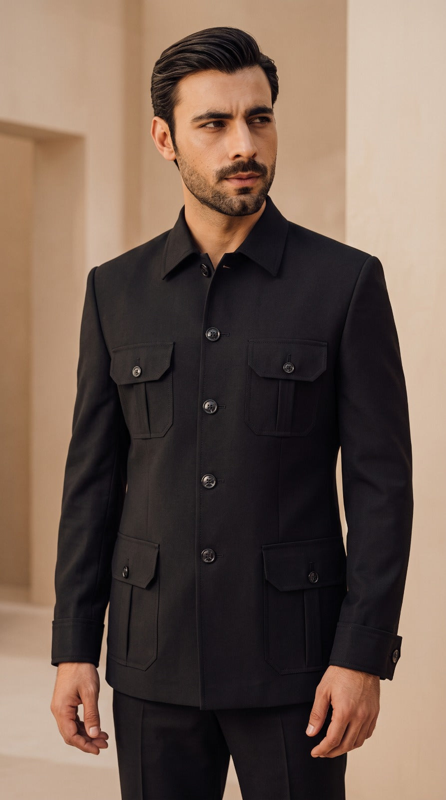 Black Four-Pocket Safari Jacket