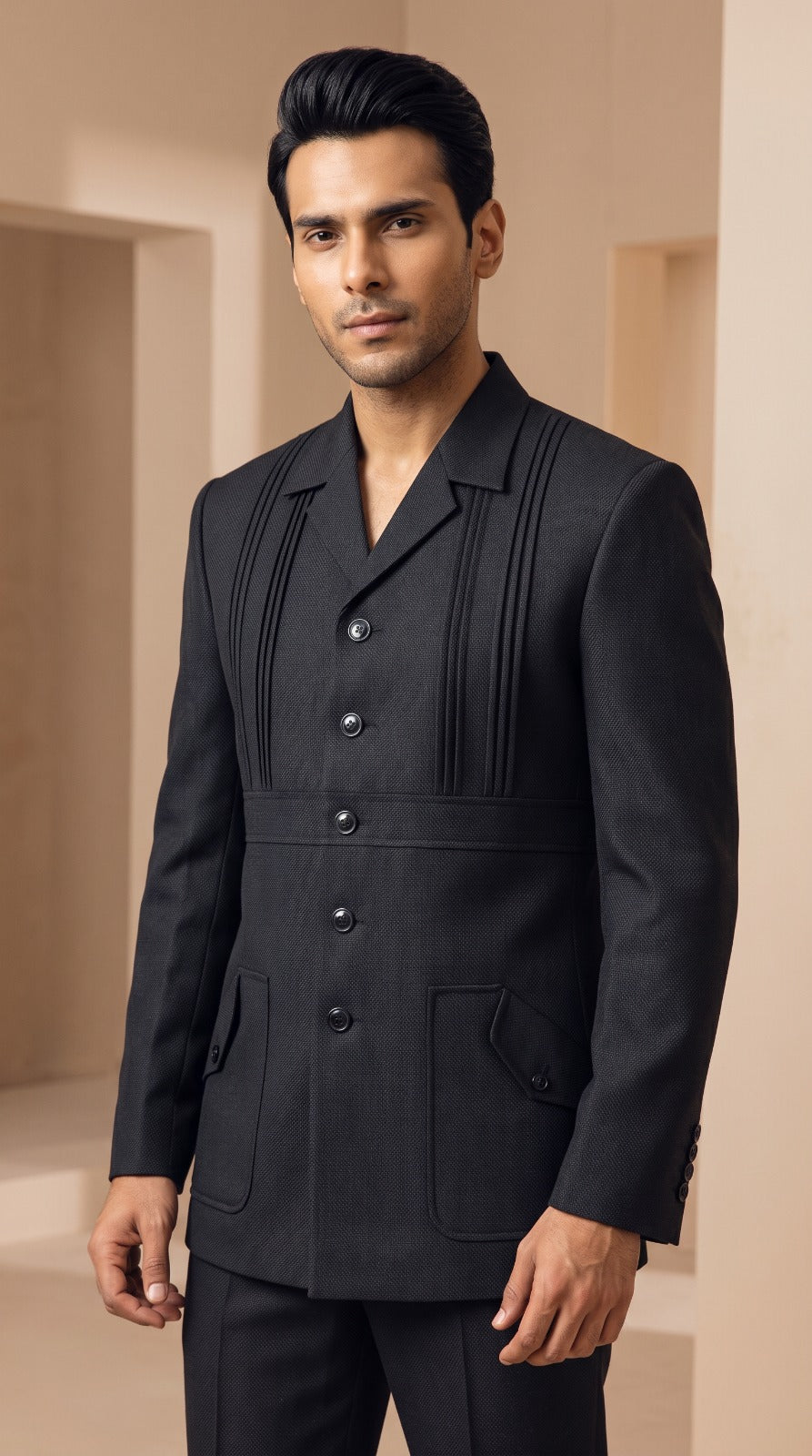 Charcoal Pintuck Safari Jacket (Notch Lapel)