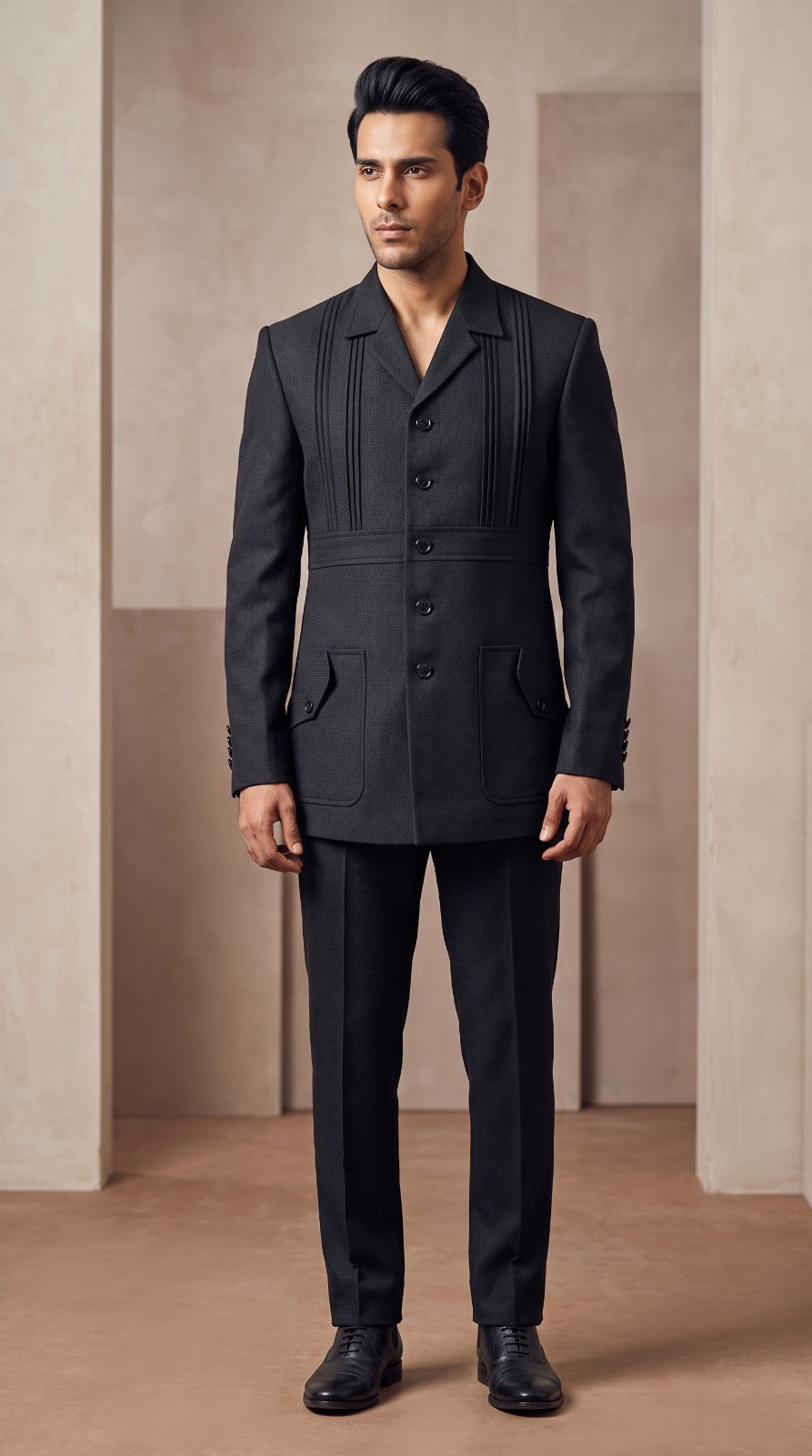 Charcoal Pintuck Safari Jacket (Notch Lapel)