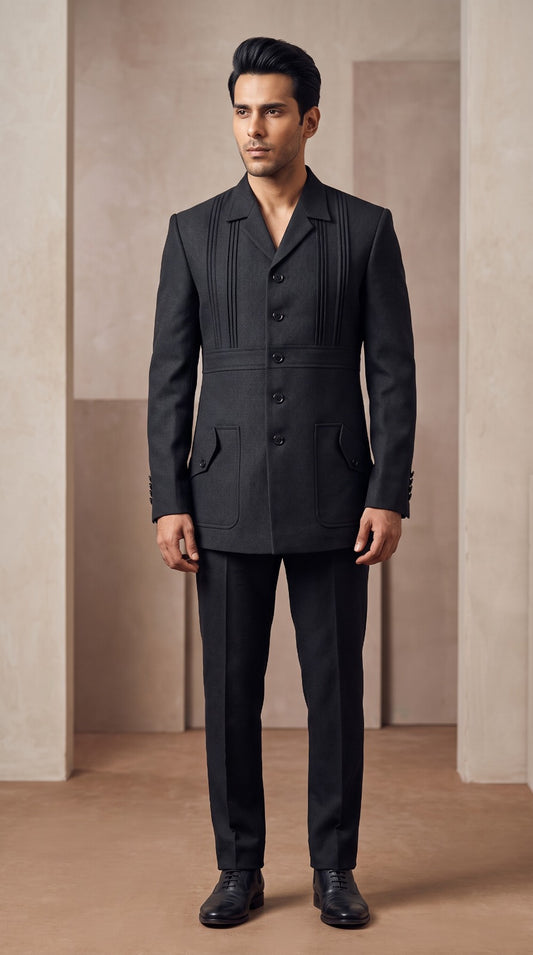 Charcoal Pintuck Safari Jacket (Notch Lapel)