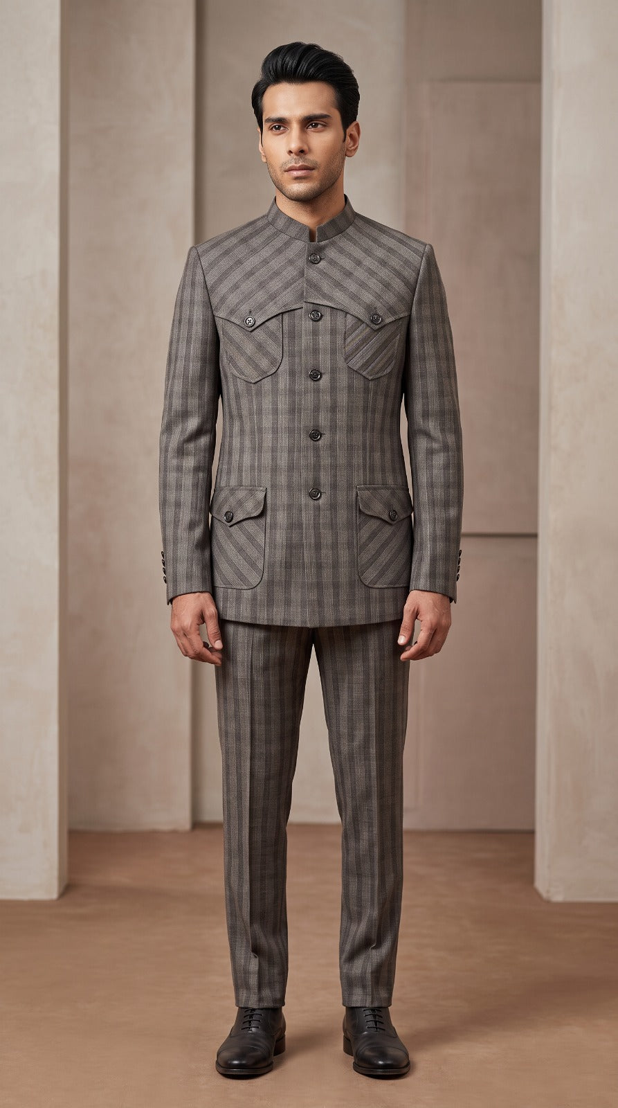 Grey Plaid Mandarin Collar Safari Jacket