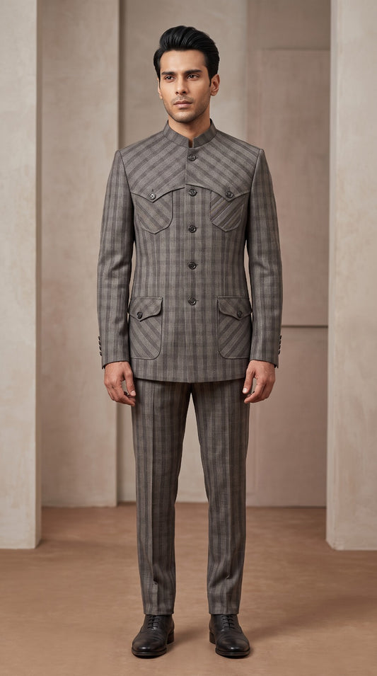 Grey Plaid Mandarin Collar Safari Jacket