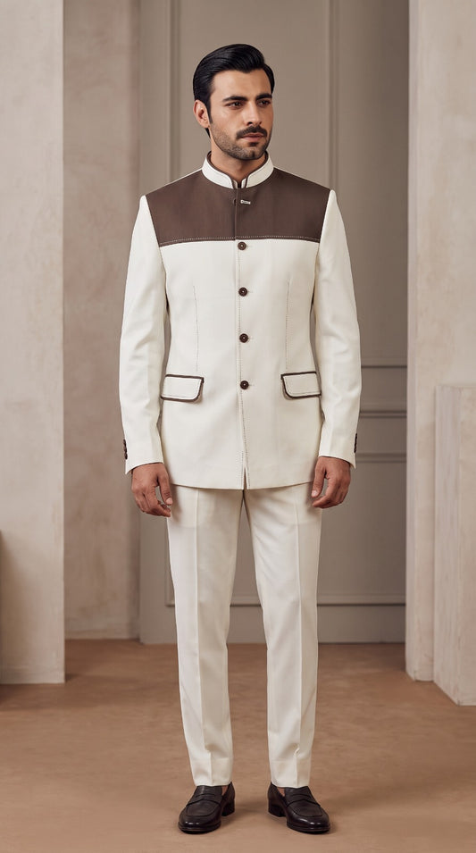 Ivory & Brown Colour-Block Mandarin Safari Jacket
