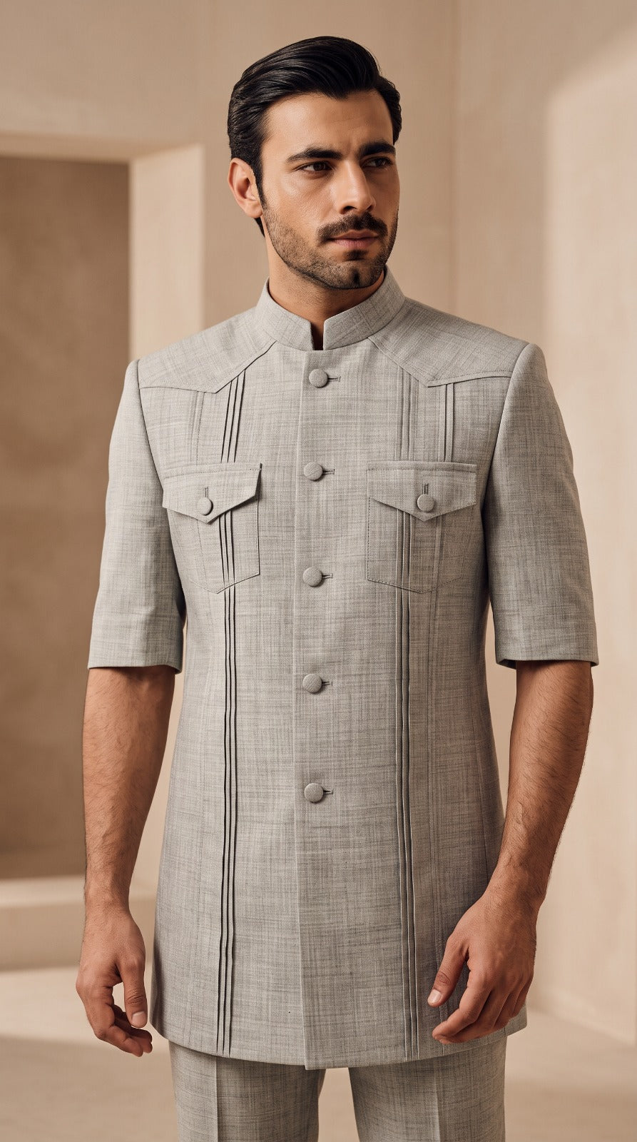 Light Grey Half-Sleeve Pintuck Safari Jacket