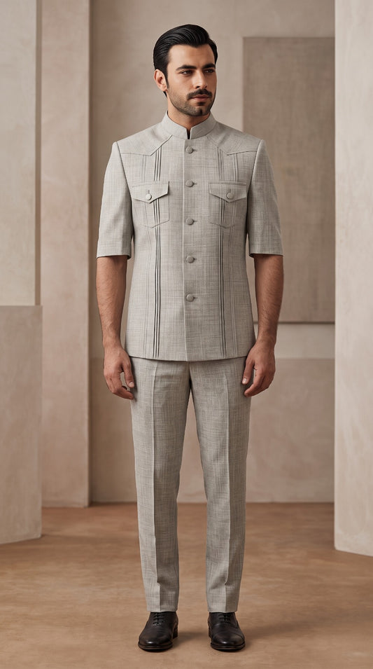 Light Grey Half-Sleeve Pintuck Safari Jacket
