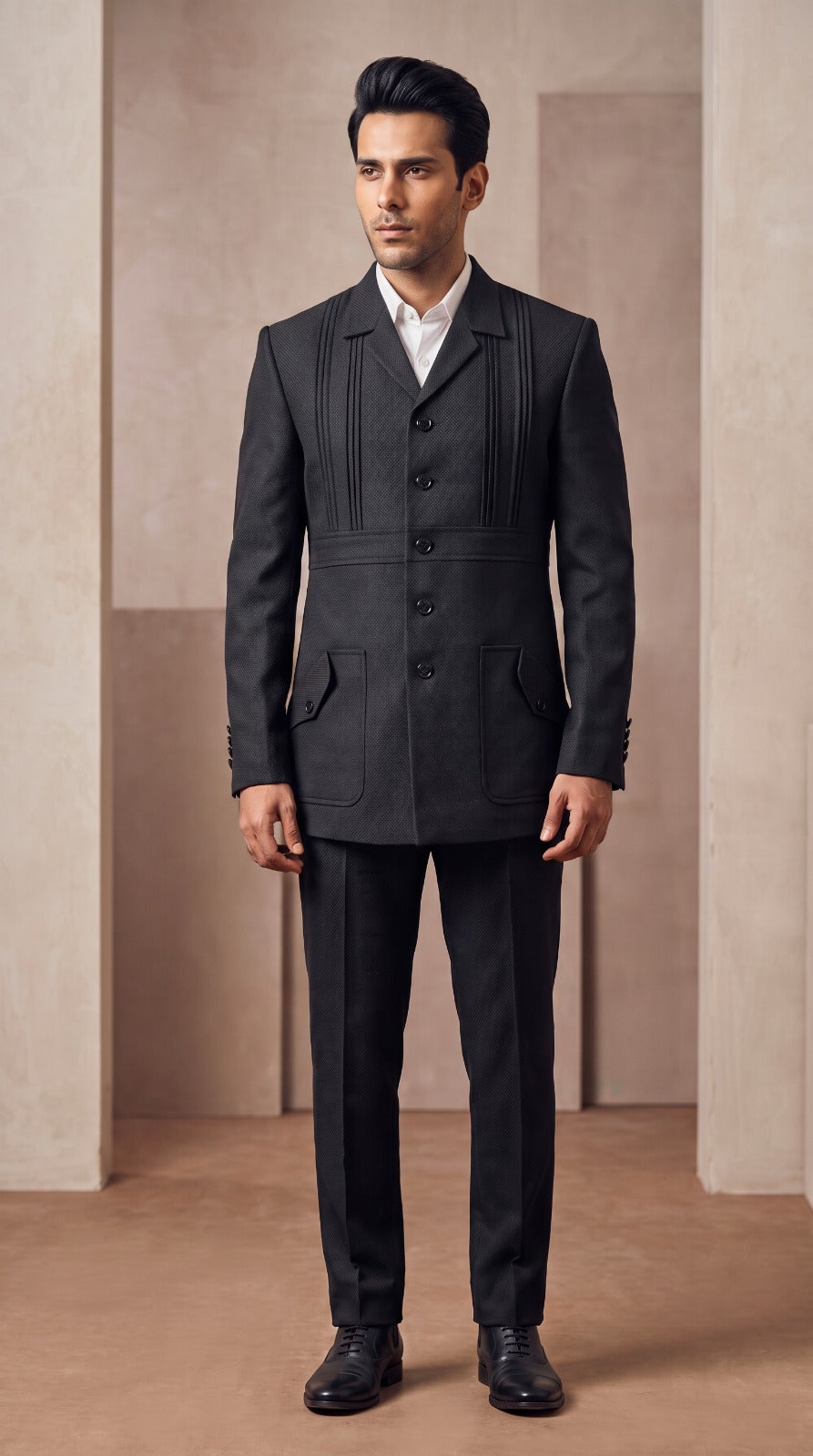 Black Textured Pintuck Safari Jacket