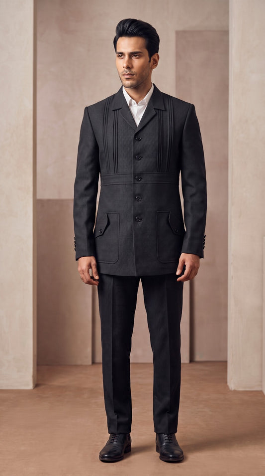 Black Textured Pintuck Safari Jacket