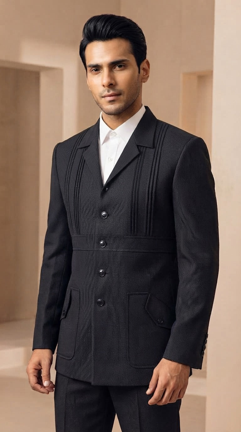 Black Textured Pintuck Safari Jacket