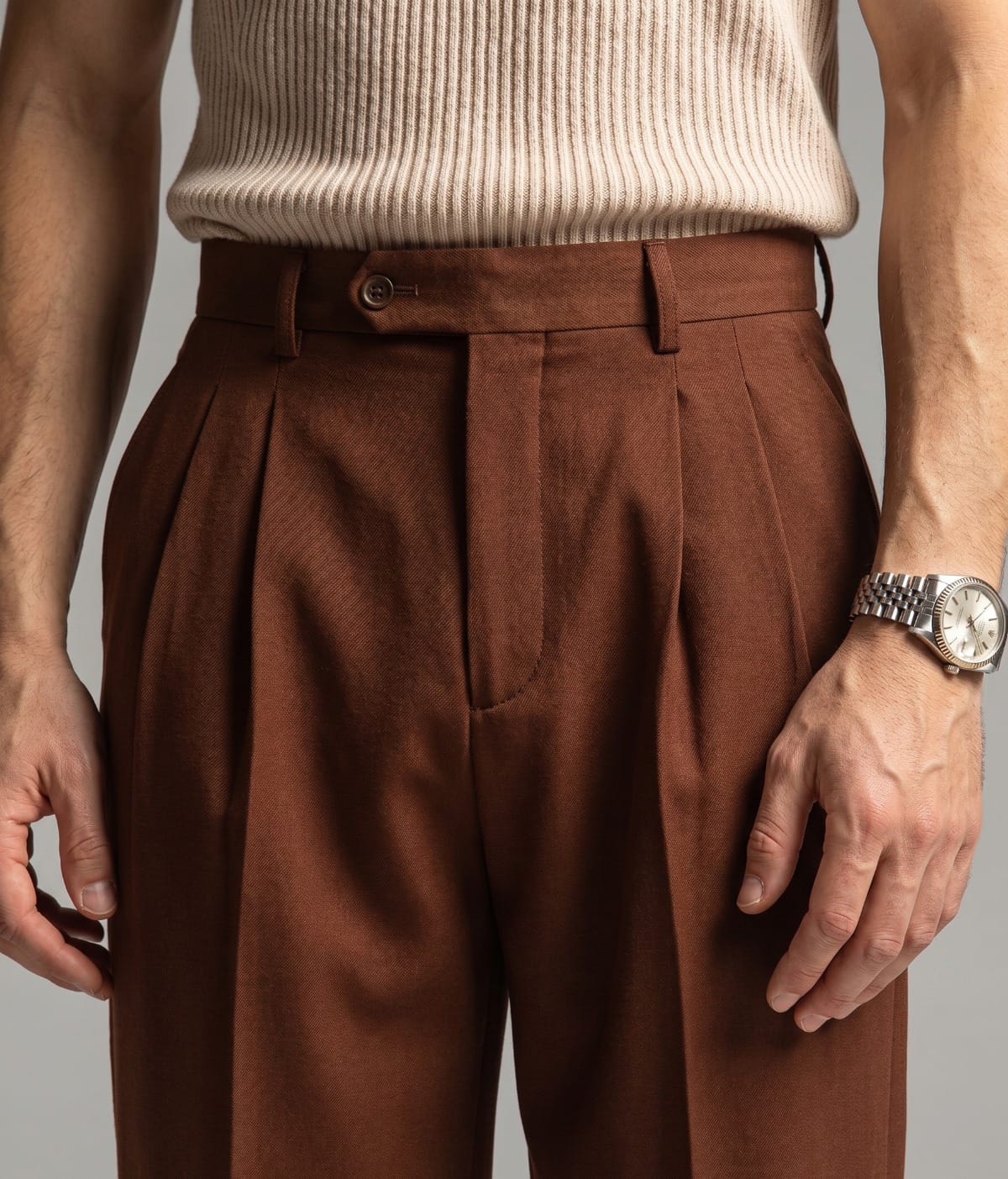 Chocolate Brown Pleated Wide-Leg Formal Trouser