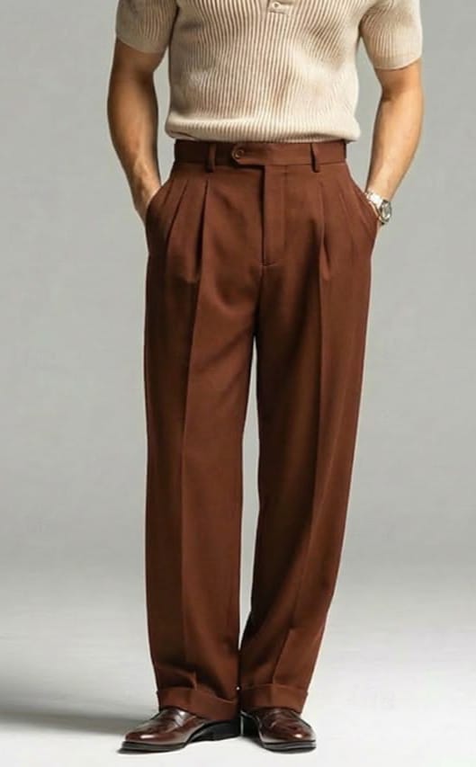 Chocolate Brown Pleated Wide-Leg Formal Trouser