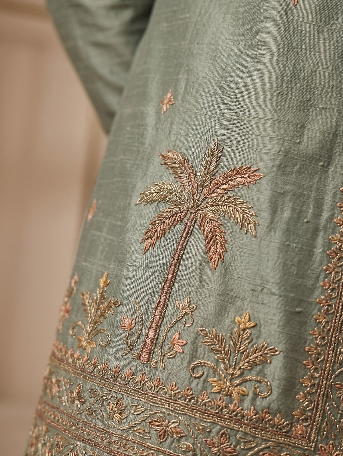 Sage Green Embroidered Sherwani Set with Palm Motif Zari Work