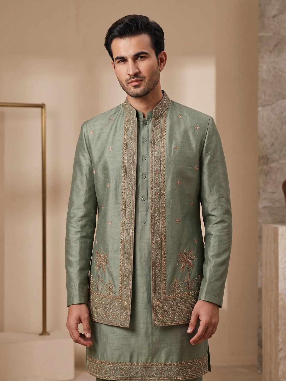 Sage Green Embroidered Sherwani Set with Palm Motif Zari Work