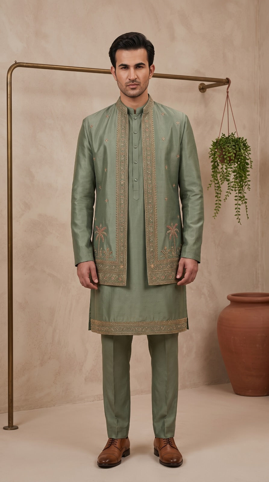 Sage Green Embroidered Sherwani Set with Palm Motif Zari Work