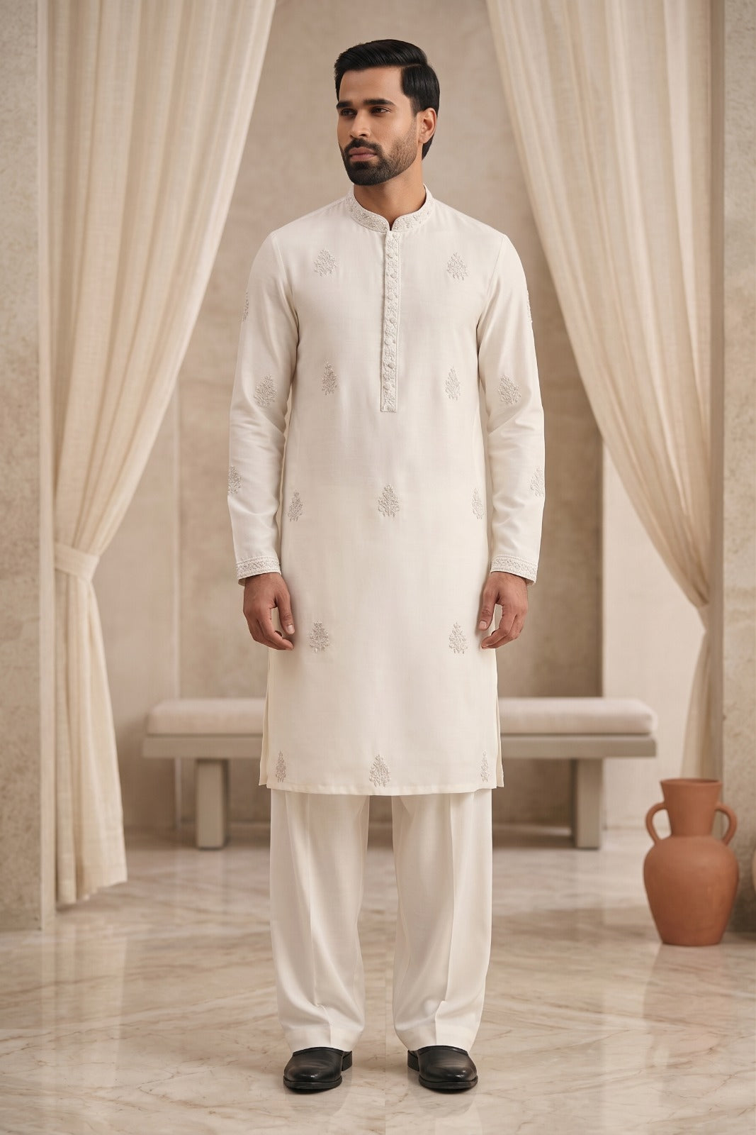 Ivory Tonal Embroidered Kurta Shalwar Set