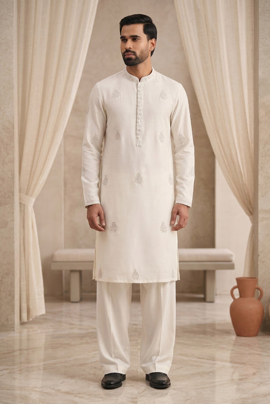 Ivory Tonal Embroidered Kurta Shalwar Set