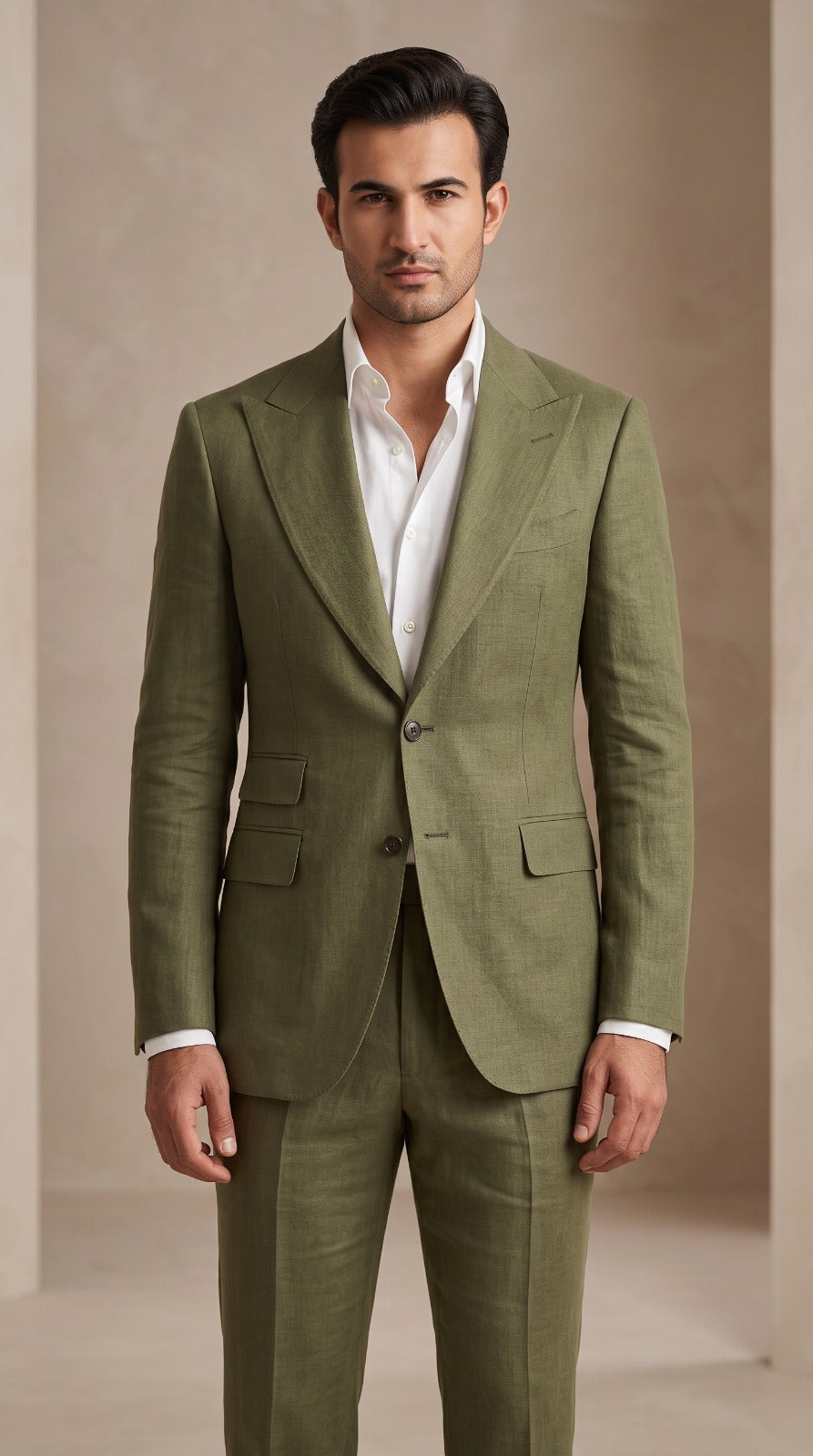 Olive Green Tailored Two-Piece Linen Suit