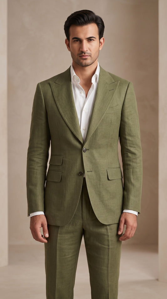 Olive Green Tailored Two-Piece Linen Suit