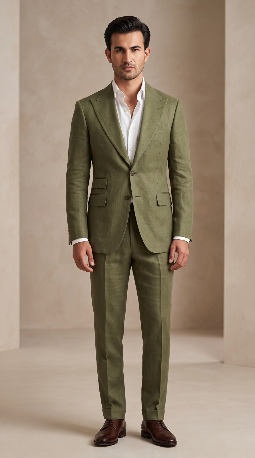 Olive Green Tailored Two-Piece Linen Suit