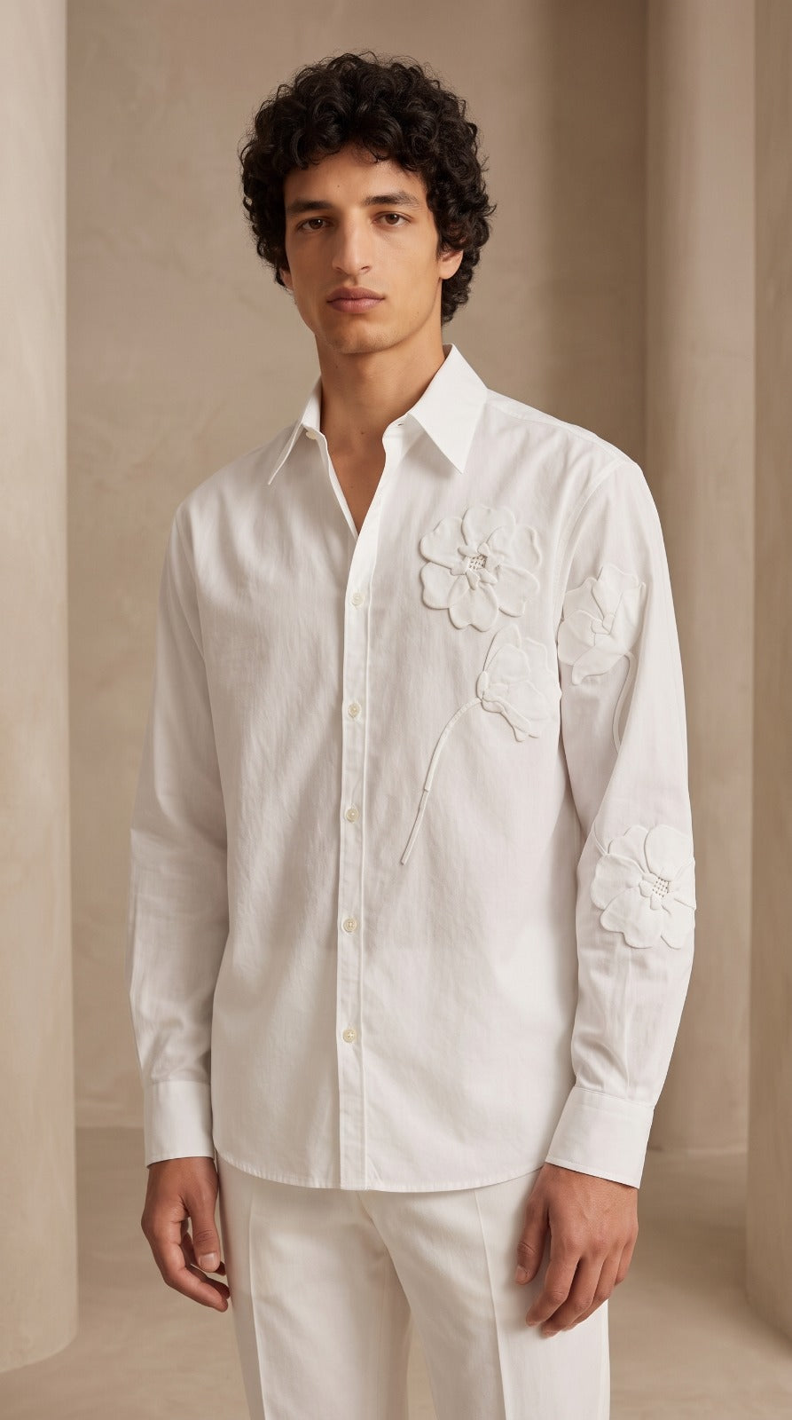 White 3D Floral Applique Cotton Shirt