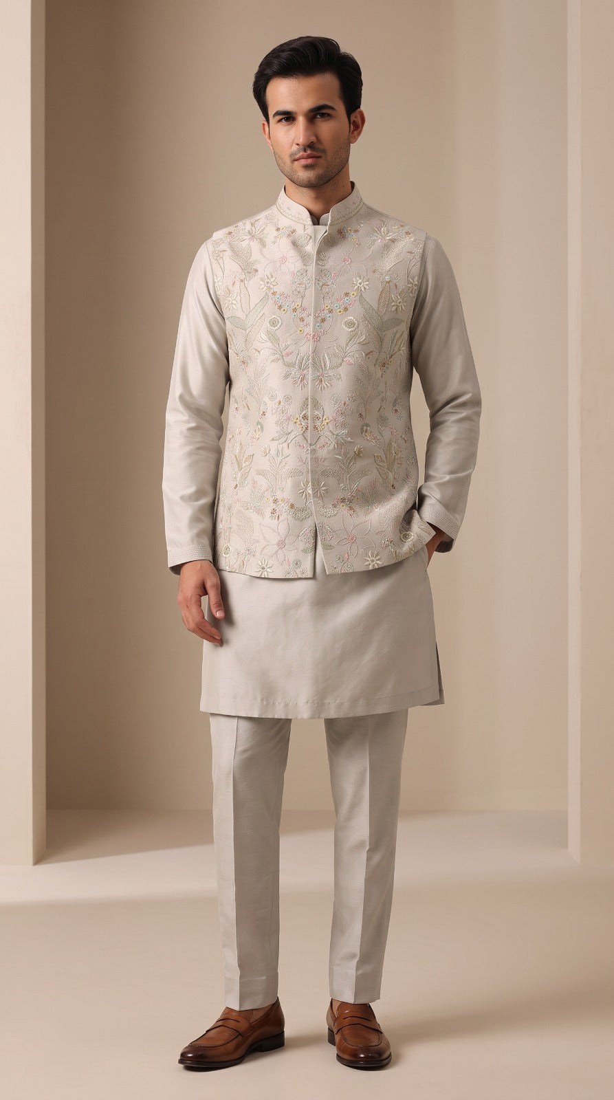 Grey Multicolour Floral Embroidered Waistcoat
