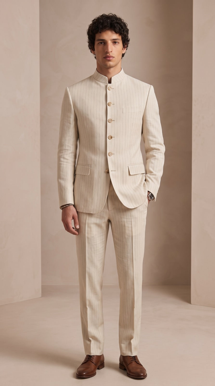 Ivory Pinstripe Bandhgala Suit Set