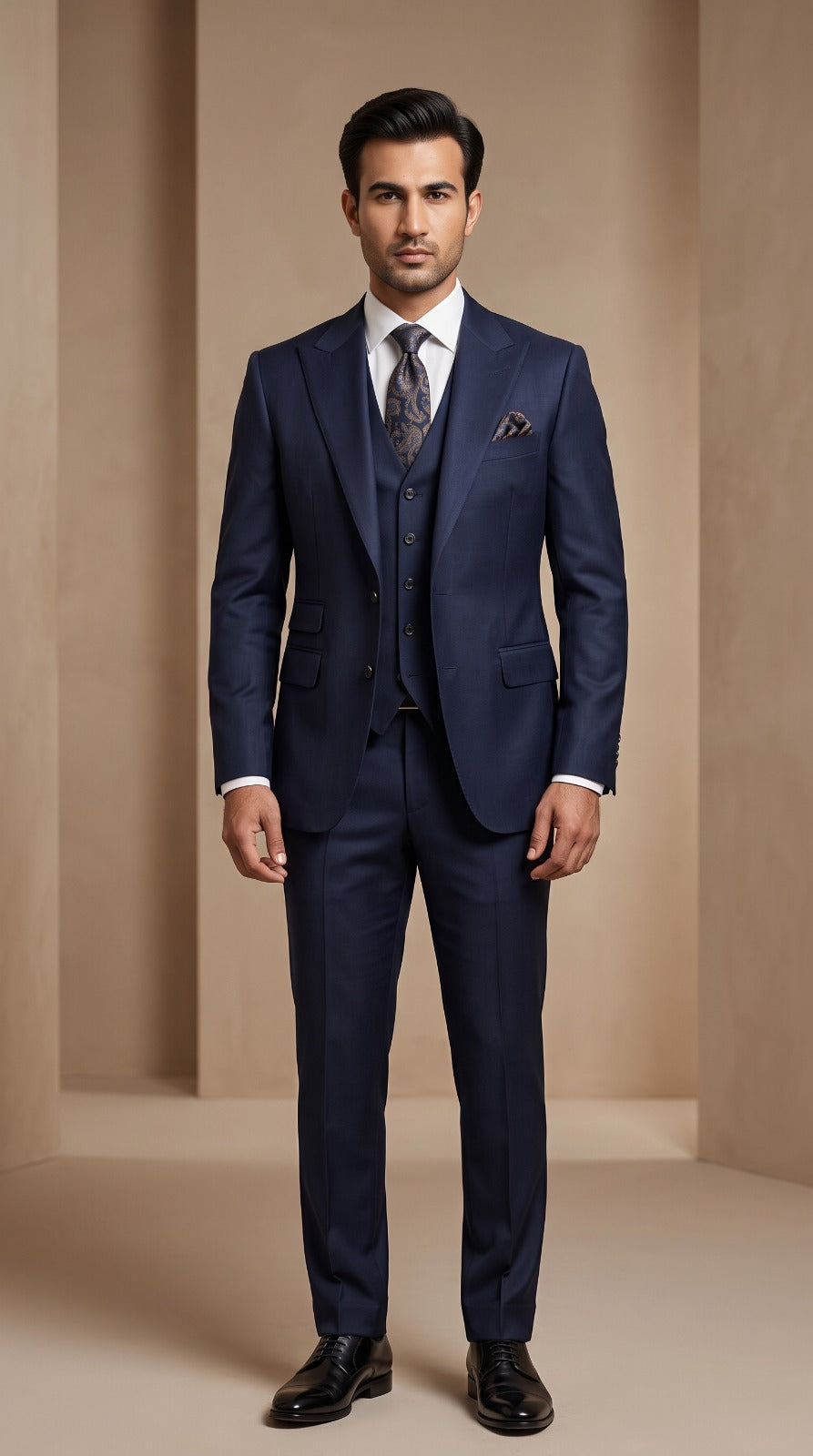 Navy Blue Three-Piece Suit with Paisley Tie