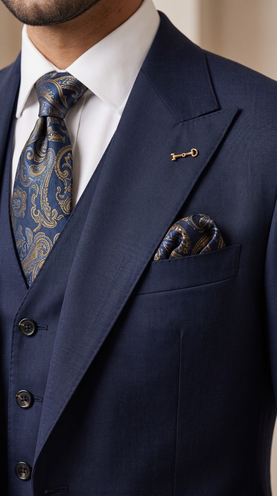 Navy Blue Three-Piece Suit with Paisley Tie