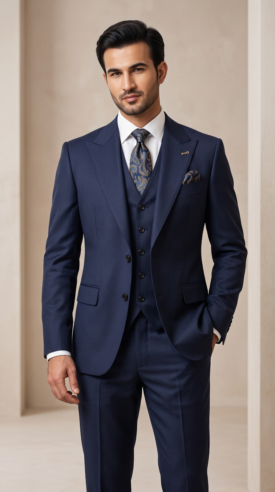 Navy Blue Three-Piece Suit with Paisley Tie