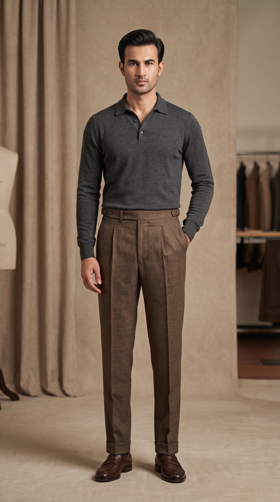 Chocolate Brown Textured Double-Pleated Bespoke Trousers