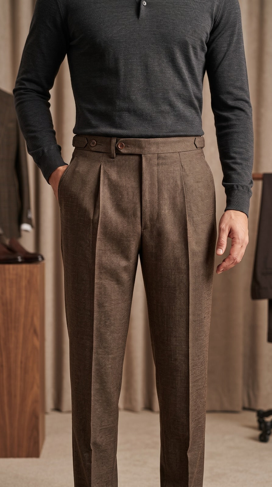 Chocolate Brown Textured Double-Pleated Bespoke Trousers
