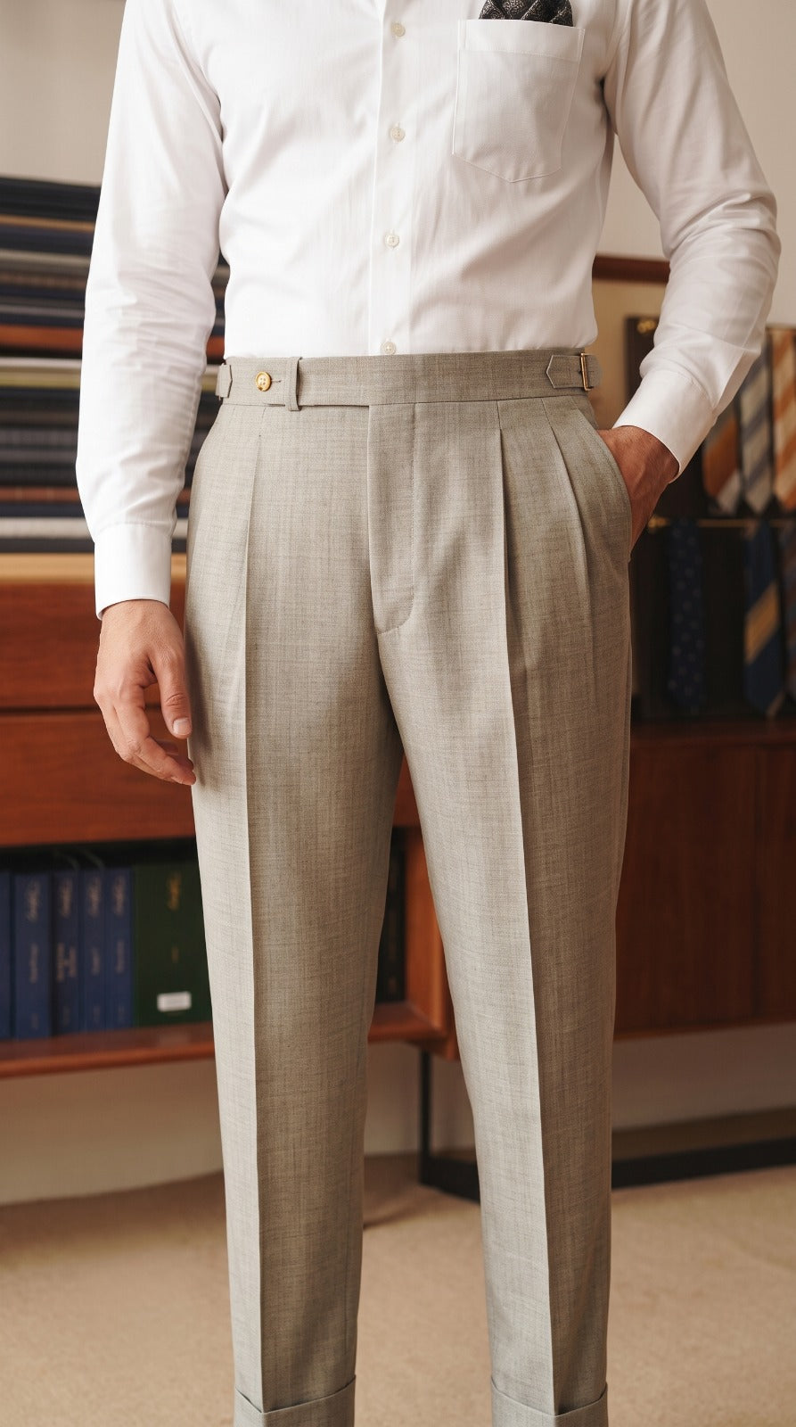 Bespoke Light Grey Tropical Wool Cuffed Trousers