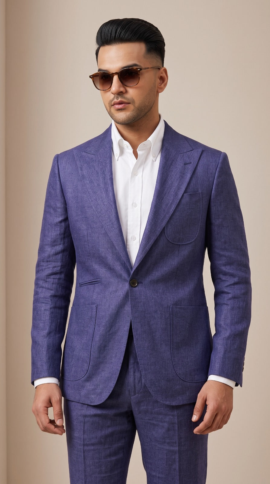 Blue Textured Linen Blazer with Patch Pocket
