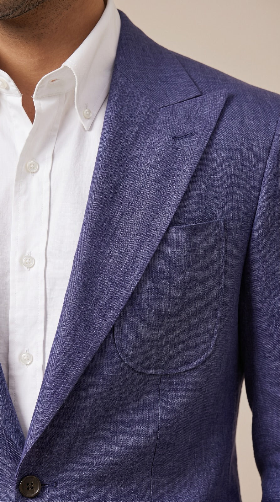 Blue Textured Linen Blazer with Patch Pocket