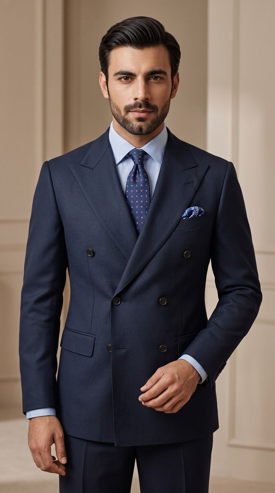 Navy Twill Double-Breasted Suit (Medallion Tie)