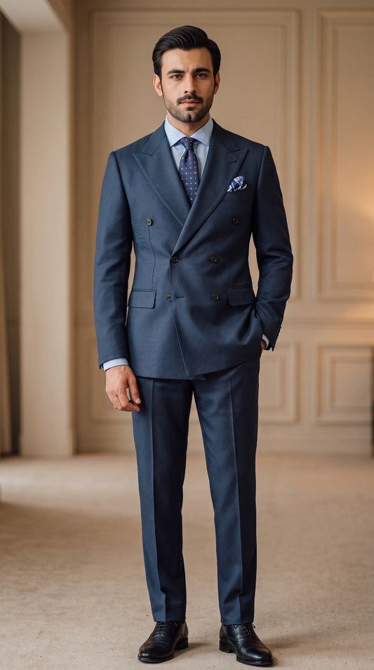 Navy Twill Double-Breasted Suit (Medallion Tie)