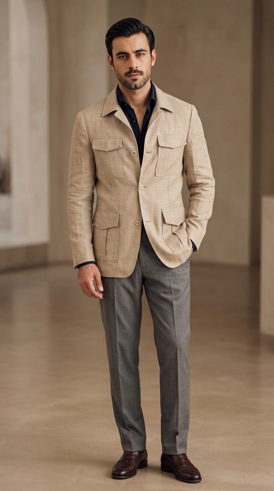 Taupe Basket-Weave Tweed Jacket (Striped Shirt)