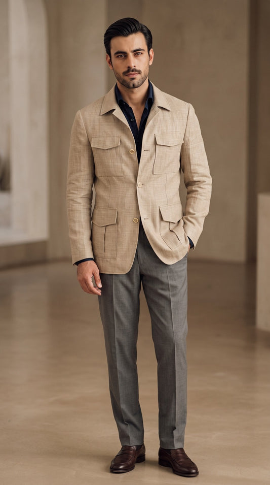 Taupe Basket-Weave Tweed Jacket (Striped Shirt)