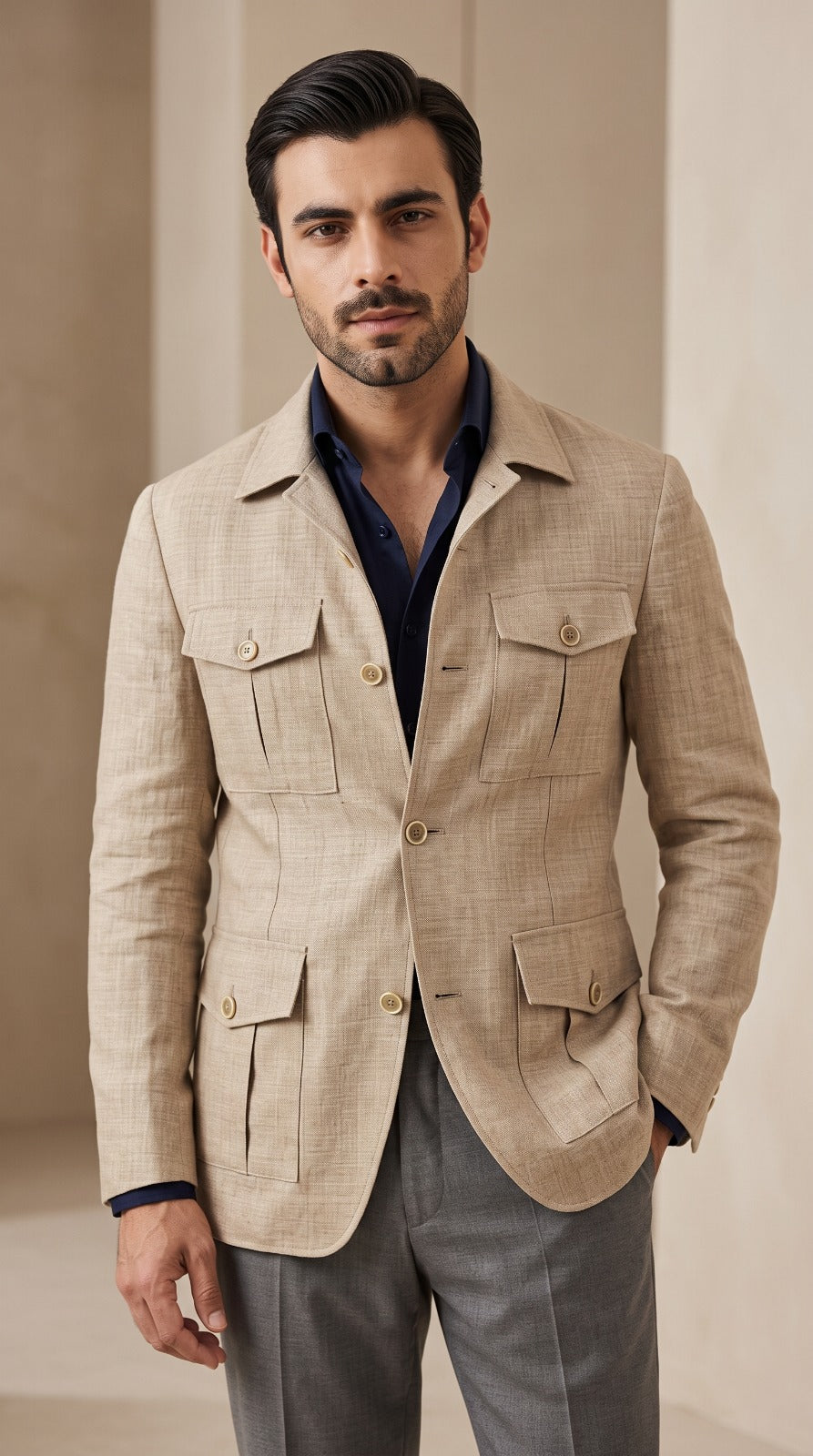Taupe Basket-Weave Tweed Jacket (Striped Shirt)