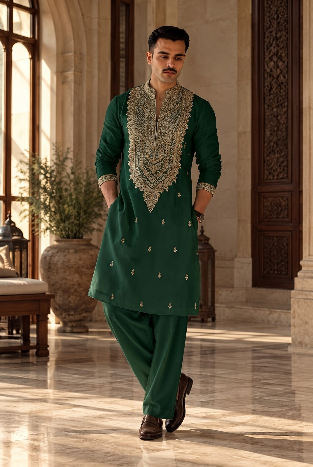 Emerald Green Embroidered Kameez Shalwar