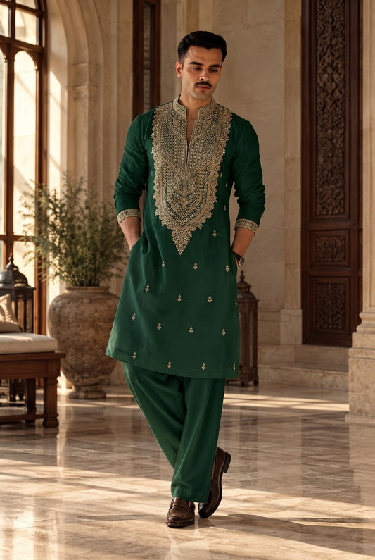 Emerald Green Embroidered Kameez Shalwar
