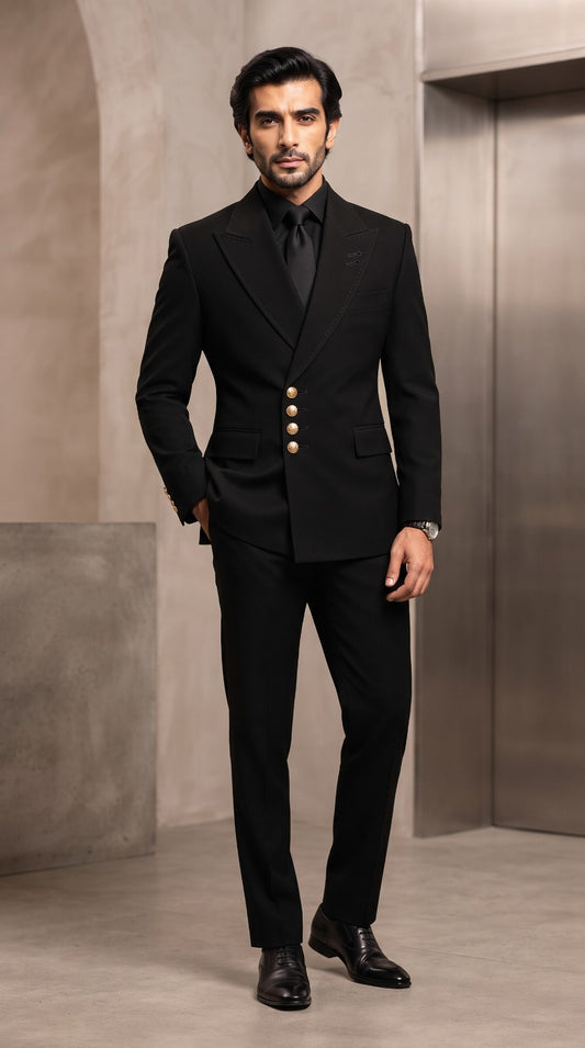 Black Double-Breasted Suit (Gold Buttons)