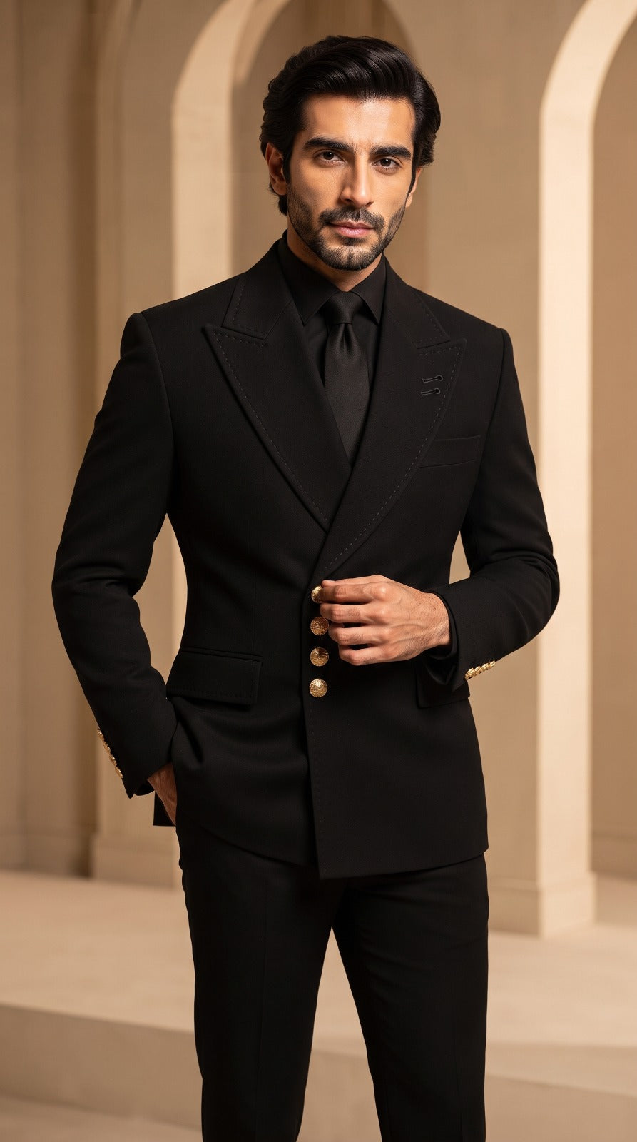Black Double-Breasted Suit (Gold Buttons)